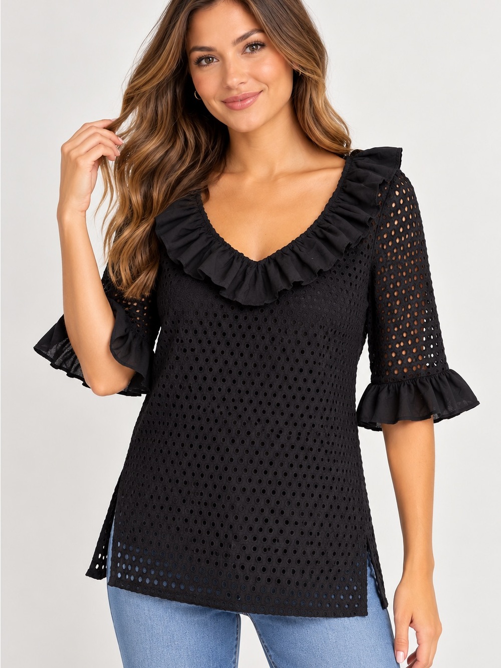 Gretchen Scott Designs Black Eyelet Ruffle Tunic Top Size M 100% Cotton